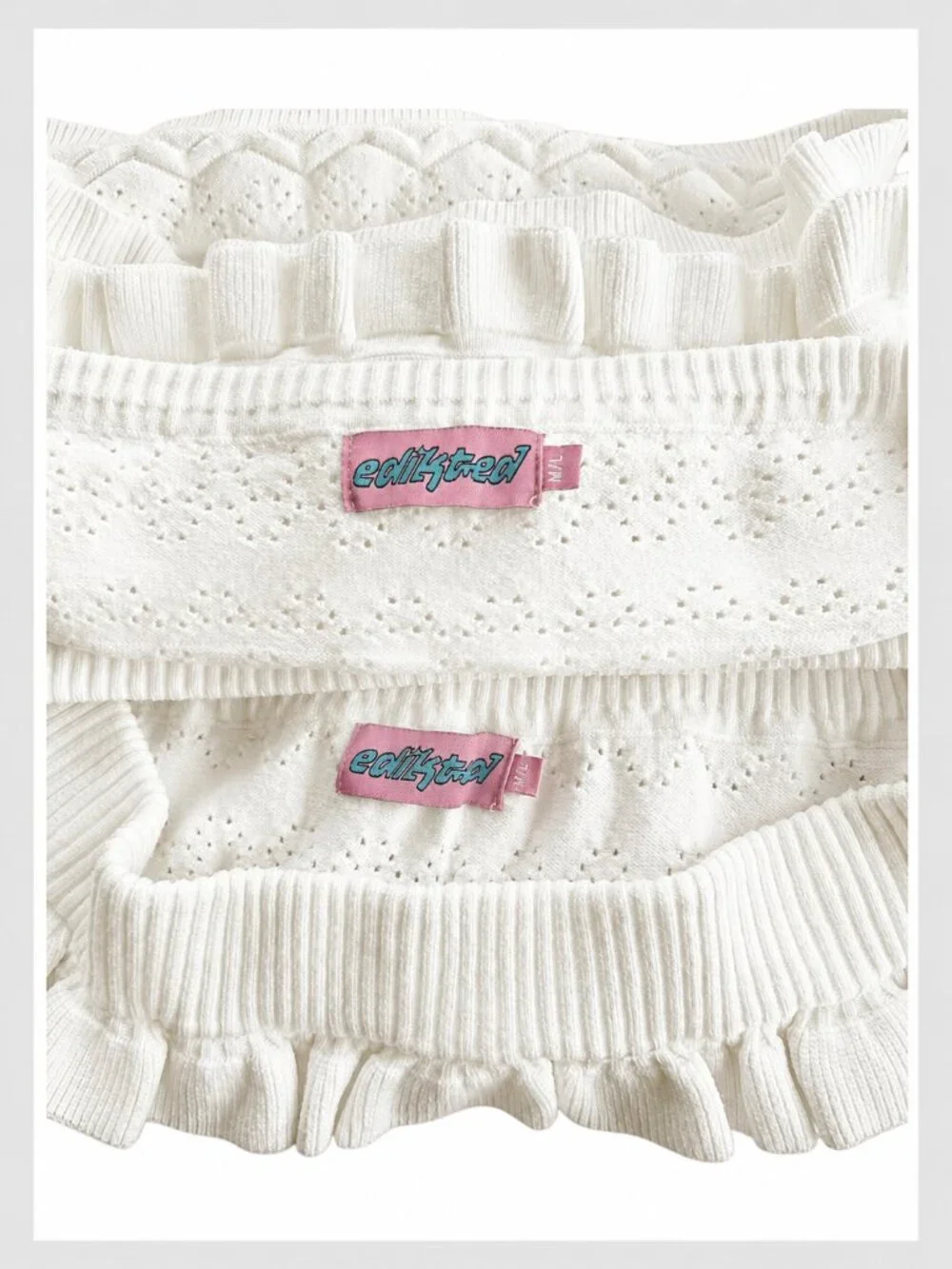Edikted Lindsay Knit Ruffle Tube Top & Bloomer Shorts Set White M/L